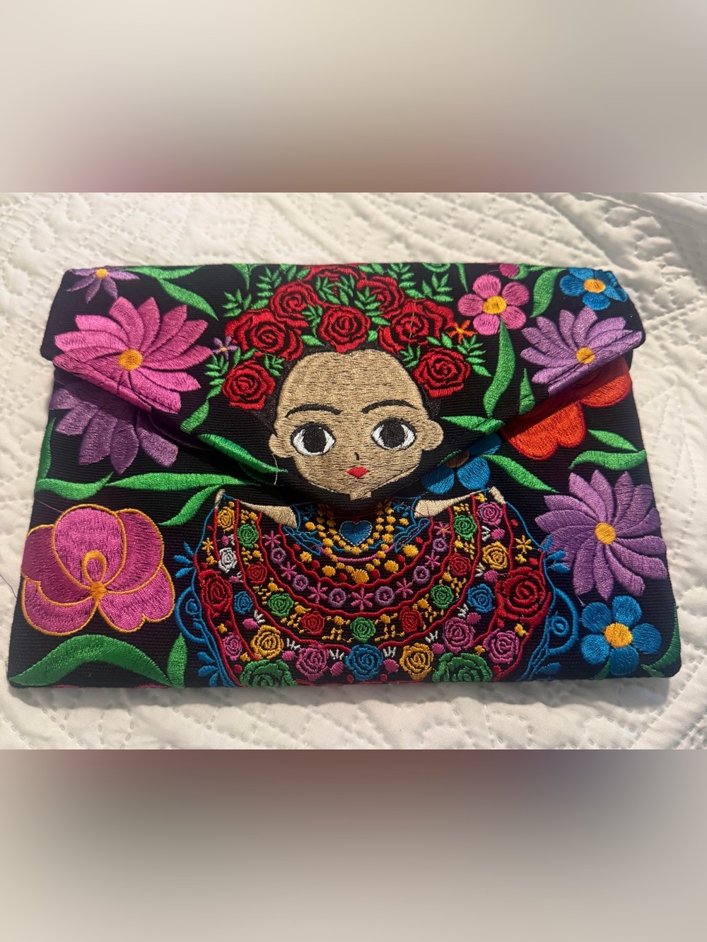 New Frida Kahlo Embroidered Floral Clutch - Black with Multicolor Stitchin